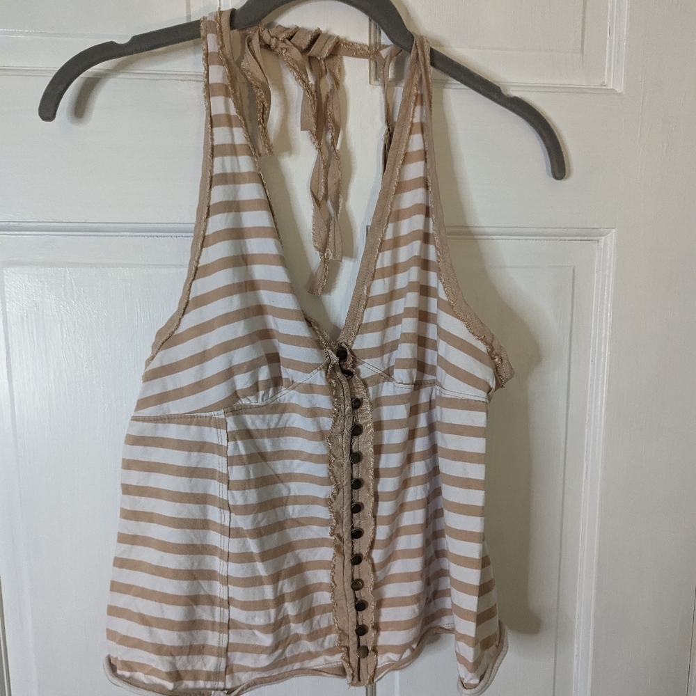 Free People Mylo Striped Button-Down Halter Top Tan Medium GUC - Picture 1 of 6